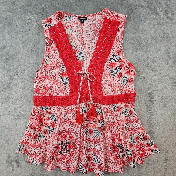 Torrid Top Women's‎ 0/L Multicolor Babydoll Crinkle Gauze Crochet Inset Lace-Up - Picture 1 of 10